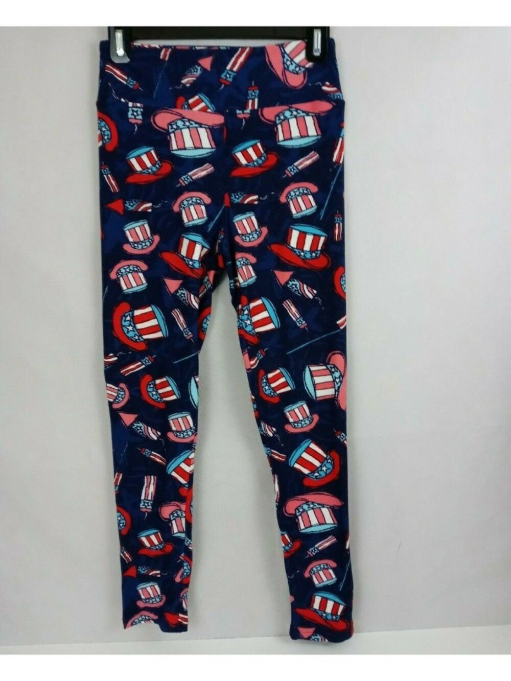 New LuLaRoe One Size Leggings Blue With Patriotic Hats & Fireworks Design